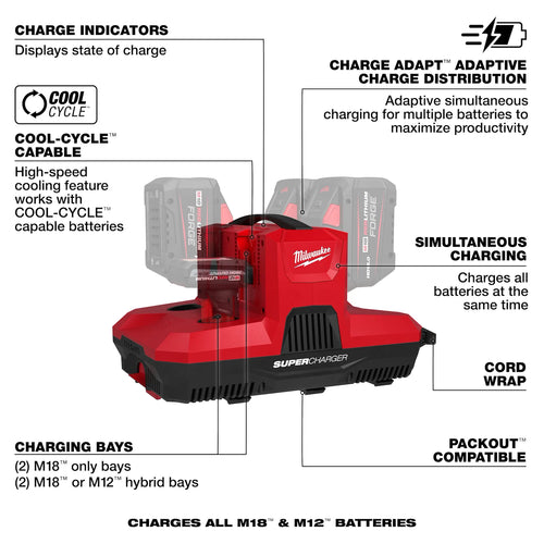 Milwaukee M18™ & M12™ Four Bay Simultaneous Super Charger w/ PACKOUT™ Compatibility